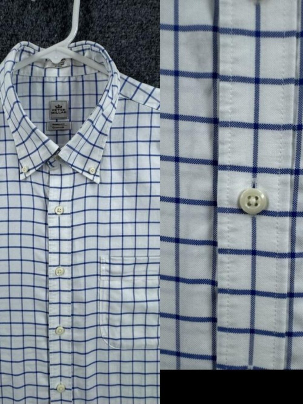 Peter Millar XL Button-Down Nanoluxe Check Cotton White Blue Men Long Sleeve